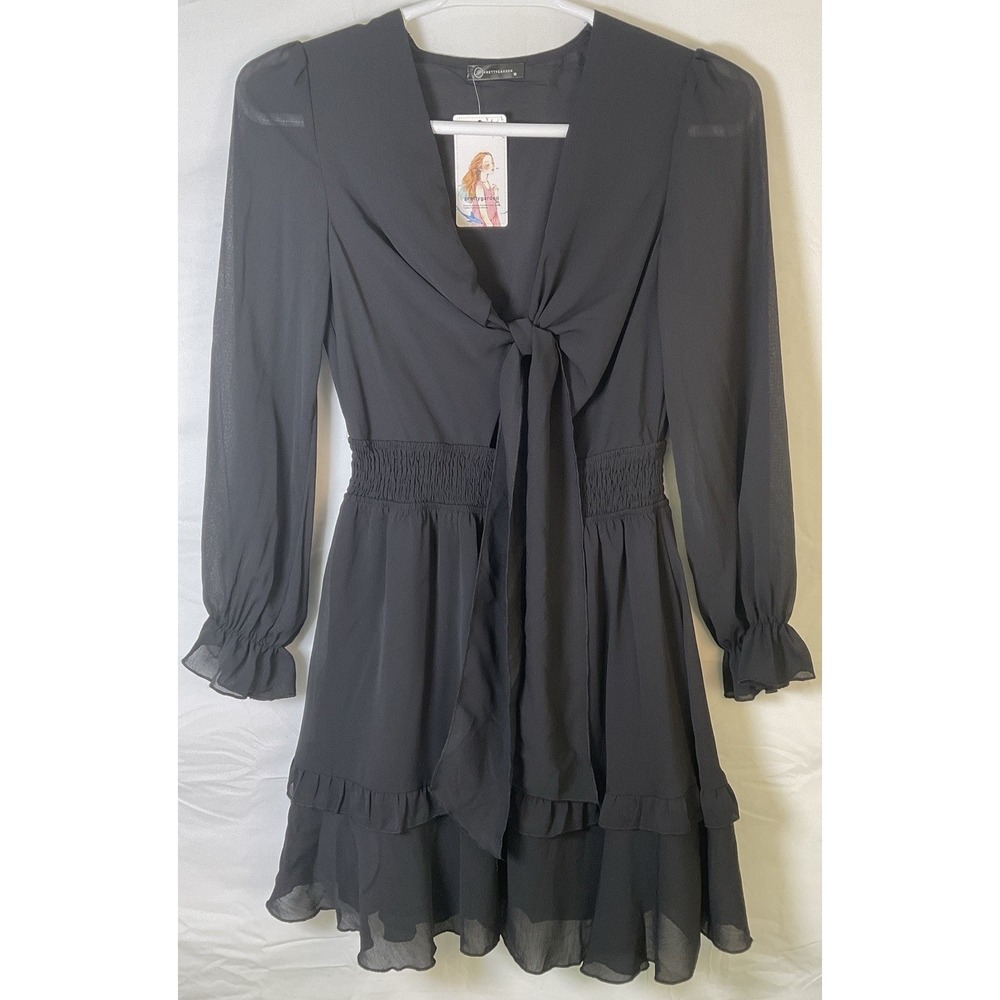 NWT Women's Pretty Garden Long Sleeve Peep Ruffled Dress Black Medium